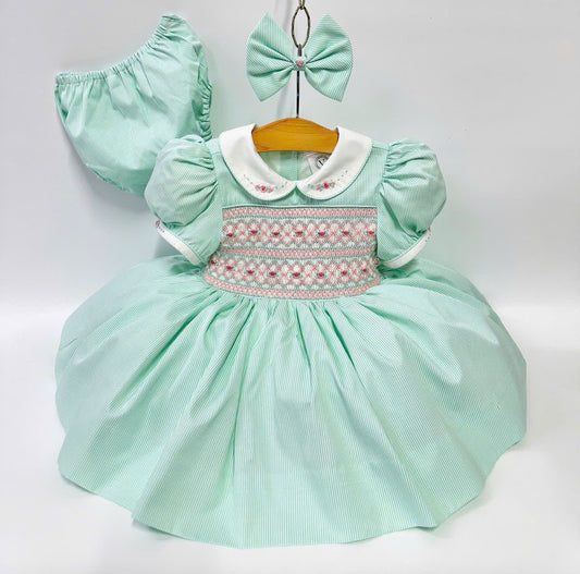 PRE ORDER&GET NEXT WEEK! NEW! EMMA MINT FRONT & BACK HAND SMOCKED DRESS,PANTIES & HAIR ACCESSORIES 3M Baby & Toddler