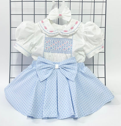 PRE-ORDER&GET NEXT WEEK‼️NEW🤩AUGUSTA BLUE🩵HAND-SMOCKED🧵🪡SKIRT SET AND HAIR BOWS OR HEADBAND 🎀🎀 NB Baby & Toddler Outfits