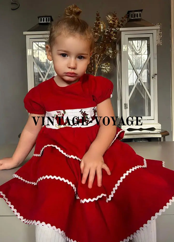 CHRISTMAS Red Corduroy Baby Girls Smocked Dress SALE SALE SALE Vintage Voyage UK