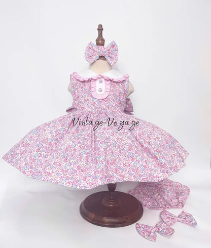 PRE-ORDER! NEW! COLETTE TRADITIONAL PINK FLORAL COTTON DRESS KNICKERS & HEADBAND OR BOWS 3 months Baby & Toddler Dresses