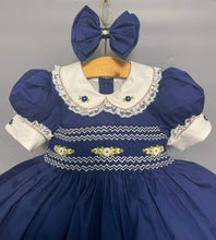 Load image into Gallery viewer, NEW! DARLING NAVY BLUE Front &amp; Back Hand-Smocked Dress &amp; Hair Accessories
