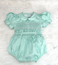 Load image into Gallery viewer, NEW SEASON!&quot;OSCAR&quot; MINT Cotton/Satin Hand-Smocked Romper/Suit
