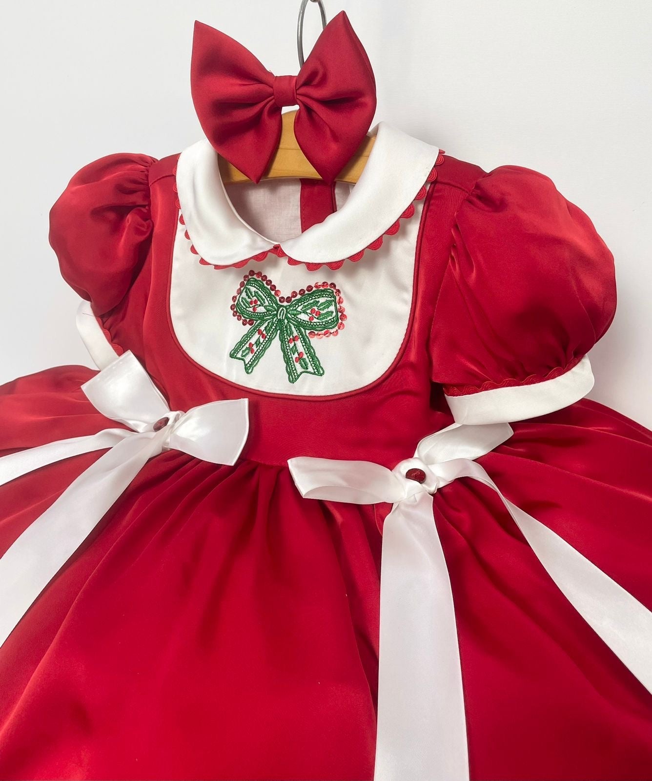PRE-ORDER‼️NEW🎄LUXURY SILK/SATIN RED♥️HOLLY DRESS & BOWS OR HEADBAND🎀 Baby & Toddler Dresses