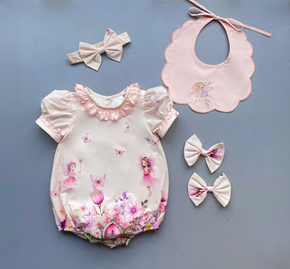 PRE-ORDER❣️NEW👑FLOWER FAIRIES🧚🧚🏻‍♀️COTTOM/POPLIN CUSTOM PRINT BABY ROMPER & MATCHING BIB & BOWS SET🎀🎀