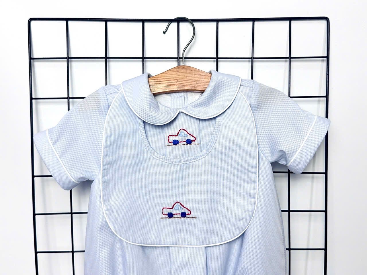 PRE-ORDER! NEW! MICHAEL BABY BOYS PALE BLUE HAND-EMBROIDERED ROMPER & BIB SET Baby & Toddler Outfits