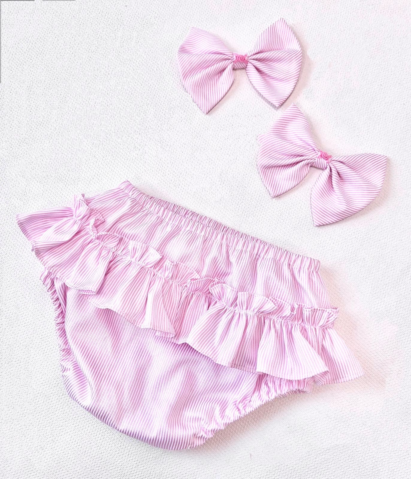 PRE-ORDER❣️NEW! MYLA PINK💞💞PINSTRIPES STRIPES HAND-SMOCKED🧵🪡DRESS,PANTIES & HAIR ACCESSORIES🎀