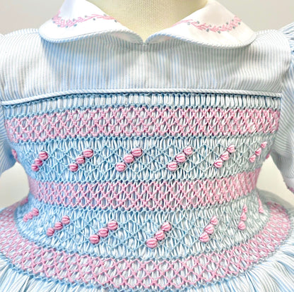 PRE-ORDER&GET NEXT WEEK!NEW❣️MYLA PALE BLUE🩵PINSTRIPES HAND-SMOCKED🧵🪡DRESS,PANTIES & HAIR ACCESSORIES🎀