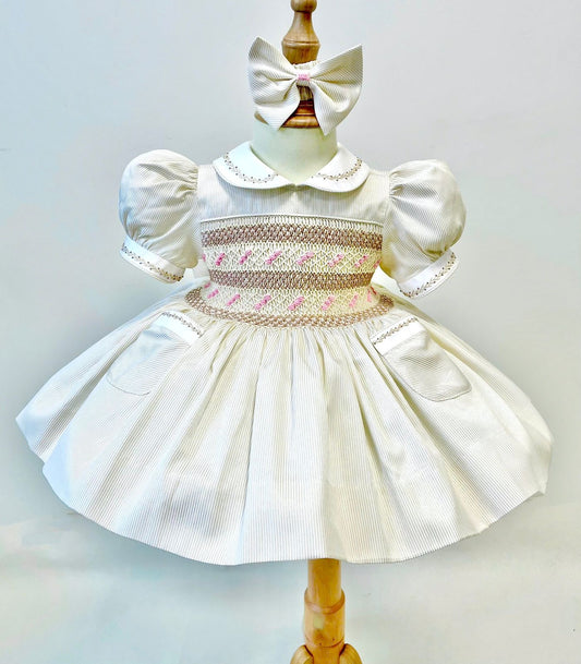 PRE-ORDER&GET NEXT WEEK❣️MYLA CREAM🍦PINSTRIPES HAND-SMOCKED🧵🪡DRESS,PANTIES & HAIR ACCESSORIES🎀