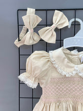 Load image into Gallery viewer, &quot;LULU&quot; Cream Hand-Smocked Dress, Panties &amp; Hair Accessories TWO LEFT
