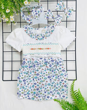 Load image into Gallery viewer, &quot;ELSA&quot; Hand- Smocked Shell Printed Shorts Set + Bows. SALE SALE SALE
