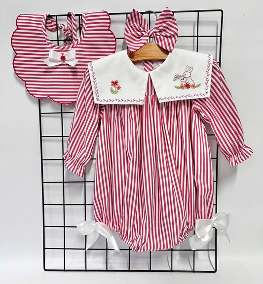 PRE ORDER&GET NEXT WEEK! NEW! VIVI RED STRIPED HAND EMBROIDERED BABY ROMPER BIB & HAIR ACCESSORIES SET NB 1 Baby &