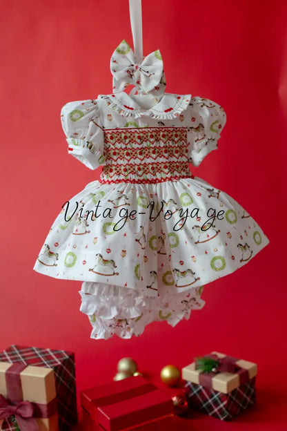 FESTIVE FUN🎉🎄 HAND-SMOCKED🧵🪡DRESS,PANTIES,BIB & BOWS OR HEADBAND 🎀 Baby & Toddler Dresses