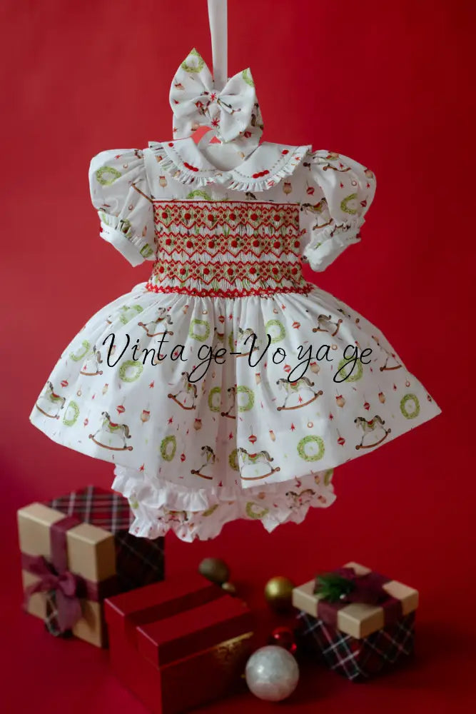 FESTIVE FUN🎉🎄 HAND-SMOCKED🧵🪡DRESS,PANTIES,BIB & BOWS OR HEADBAND 🎀 Baby & Toddler Dresses