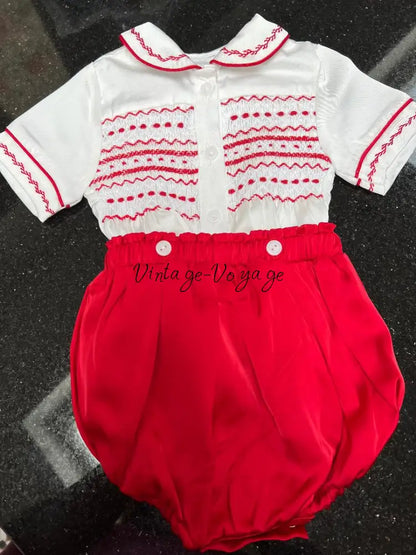 GEORGE🎄🤶WHITE & RED SILK BLEND HAND-SMOCKED🧵🪡ROMPER/SUIT♥️ 6M Baby & Toddler Outfits