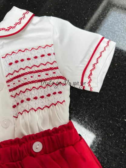 GEORGE🎄🤶WHITE & RED SILK BLEND HAND-SMOCKED🧵🪡ROMPER/SUIT♥️ Baby & Toddler Outfits