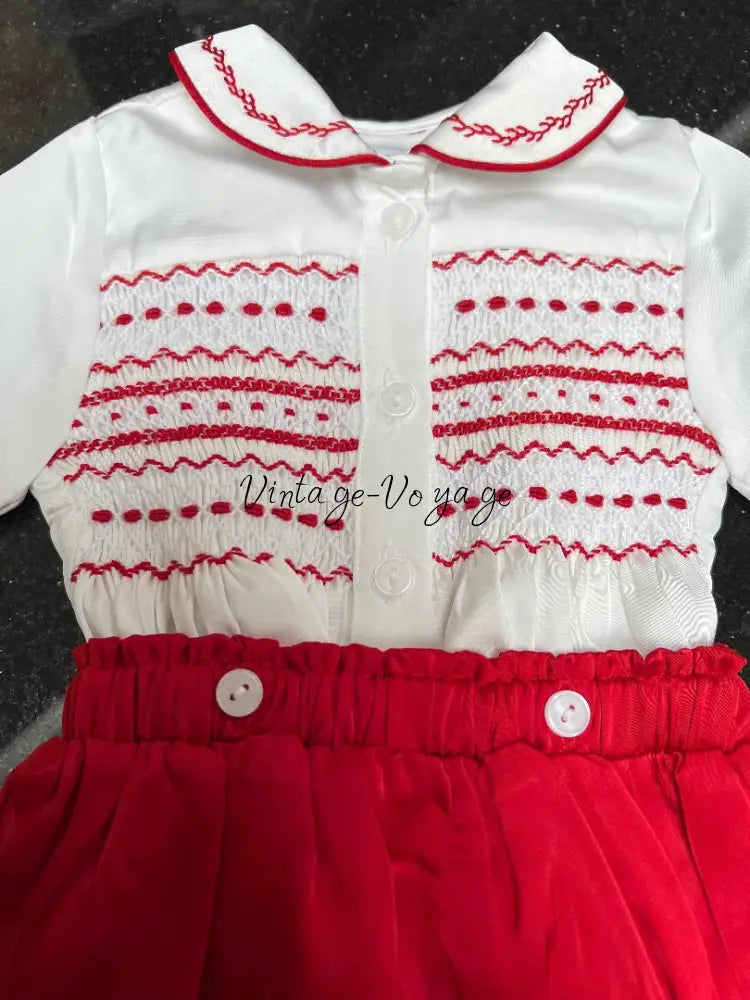 GEORGE🎄🤶WHITE & RED SILK BLEND HAND-SMOCKED🧵🪡ROMPER/SUIT♥️ Baby & Toddler Outfits