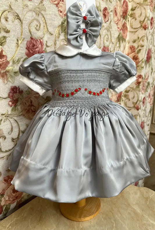 HAZEL SILVER SILK/SATIN🩶FRONT & BACK🧵🪡👑HAND-SMOCKED DRESS PANTIES & HAIR ACCESSORIES🎀 3M Baby & Toddler Dresses