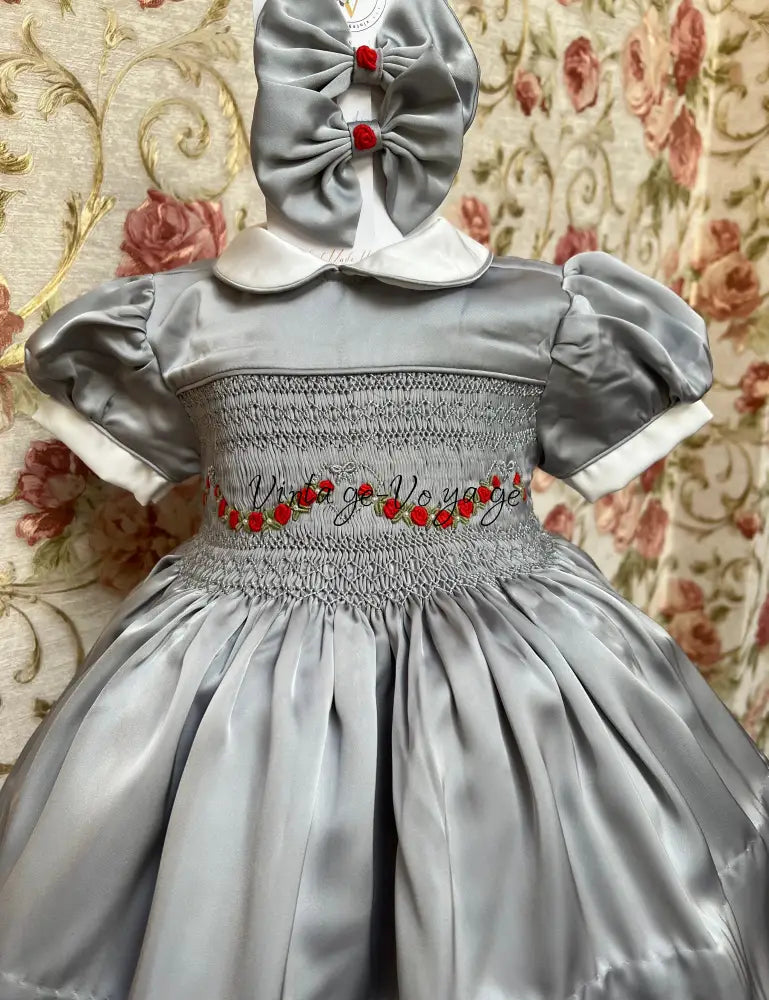 HAZEL SILVER SILK/SATIN🩶FRONT & BACK🧵🪡👑HAND-SMOCKED DRESS PANTIES & HAIR ACCESSORIES🎀 6M Baby & Toddler Dresses