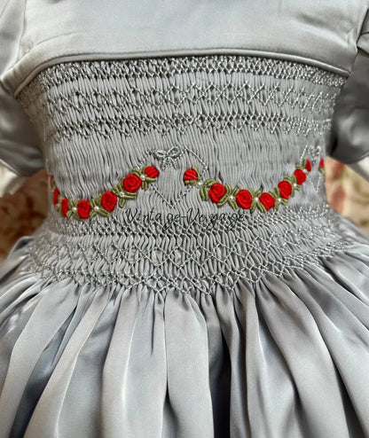 HAZEL SILVER SILK/SATIN🩶FRONT & BACK🧵🪡👑HAND-SMOCKED DRESS PANTIES & HAIR ACCESSORIES🎀 Baby & Toddler Dresses
