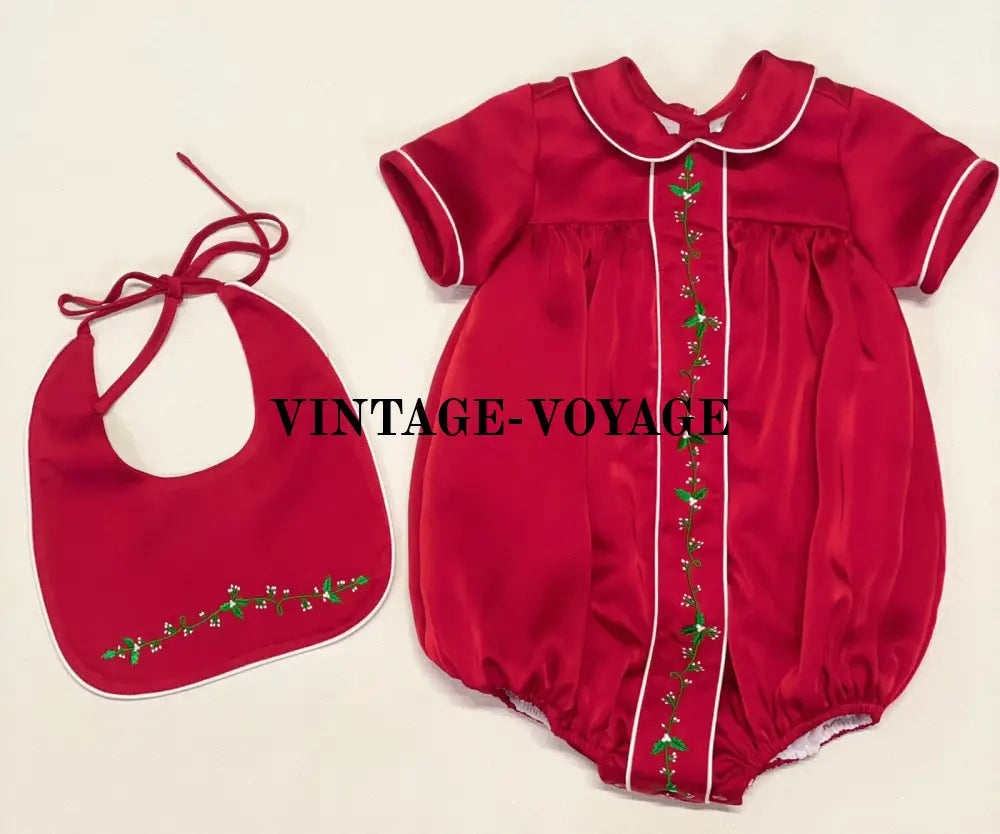 PRE-ORDER‼️NEW🎄HOLLY RED♥️SILK/SATIN BABY BOYS ROMPER & BIB SET👑 Baby & Toddler Outfits