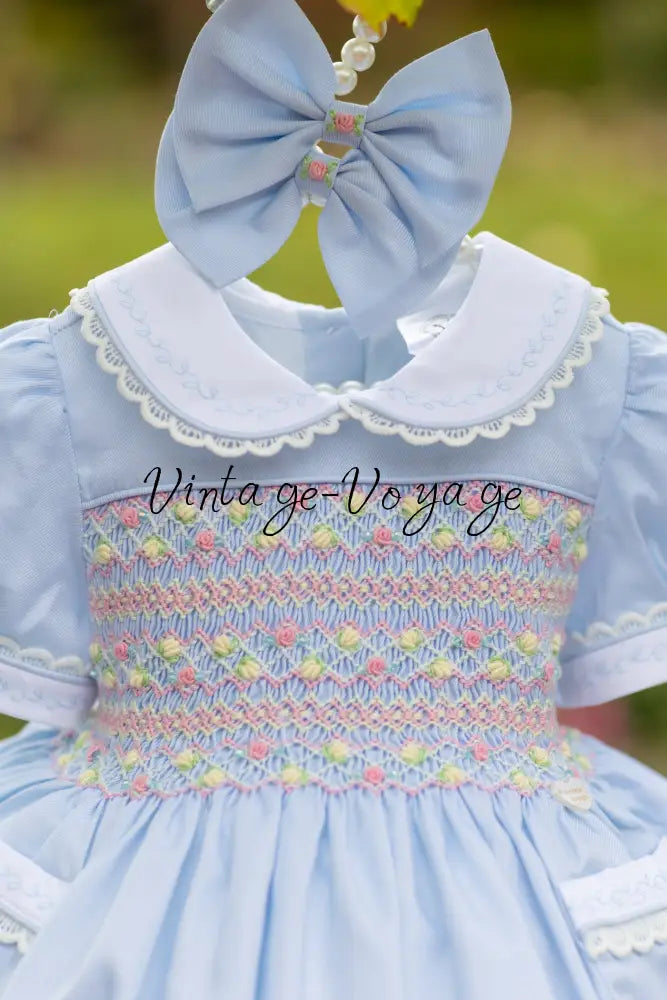 🍁ISABELLA BABY BLUE❄️HAND-SMOCKED🧵🪡👑DRESS & ACCESSORIES🎀 - Baby & Toddler Dresses