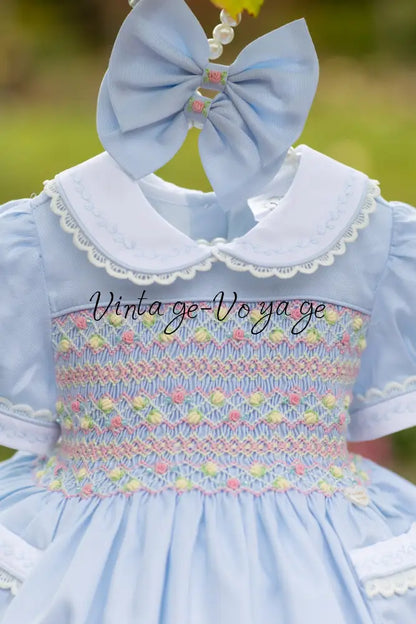 🍁ISABELLA BABY BLUE❄️HAND-SMOCKED🧵🪡👑DRESS & ACCESSORIES🎀 - Baby & Toddler Dresses