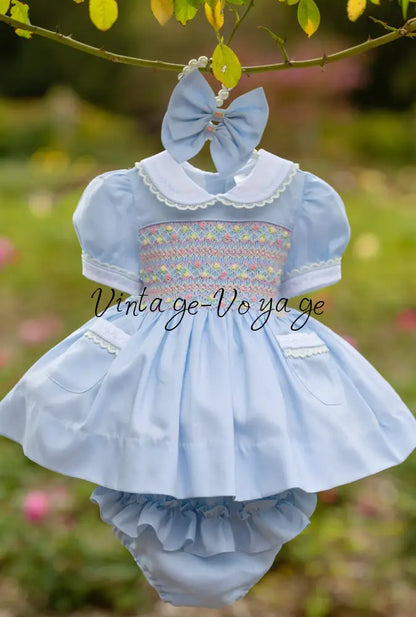 🍁ISABELLA BABY BLUE❄️HAND-SMOCKED🧵🪡👑DRESS & ACCESSORIES🎀 - Baby & Toddler Dresses