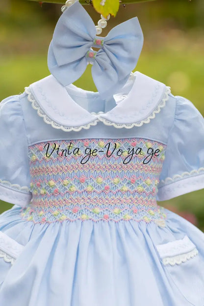 🍁ISABELLA BABY BLUE❄️HAND-SMOCKED🧵🪡👑DRESS & ACCESSORIES🎀 - Baby & Toddler Dresses