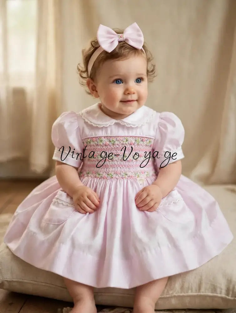 🍁ISABELLA BABY PINK 🌸 HAND-SMOCKED🧵🪡DRESS PANTIES & HAIR ACCESSORIES🎀 - Baby & Toddler Dresses