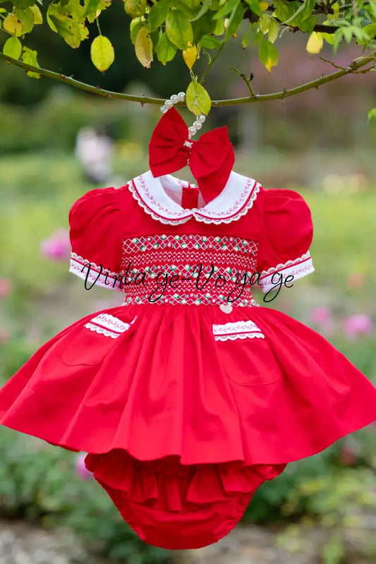 🎄ISABELLA RED❤️HAND-SMOCKED🧵🪡👑DRESS & ACCESSORIES🎀❄️ - Baby & Toddler Dresses