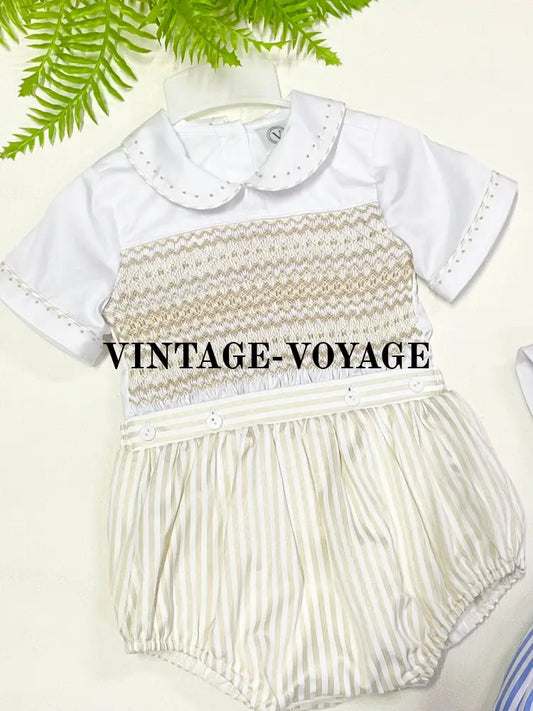 PRE-ORDER & GET NEXT WEEK!NEW! JACOB BEIGE STRIPE ☀️HAND-SMOCKED ROMPER SUIT🧵🪡 NB-1M Baby & Toddler Outfits