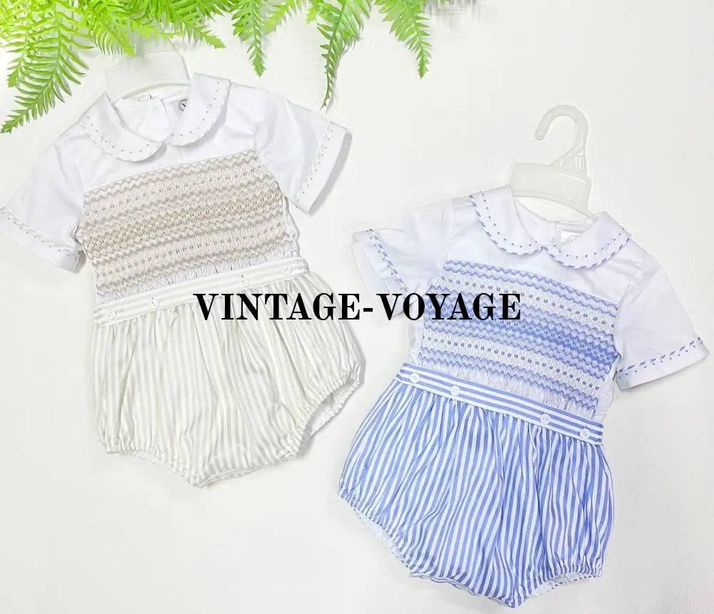 PRE-ORDER & GET NEXT WEEK!NEW! JACOB BLUE STRIPE ☀️HAND-SMOCKED ROMPER SUIT🧵🪡 Baby & Toddler Outfits