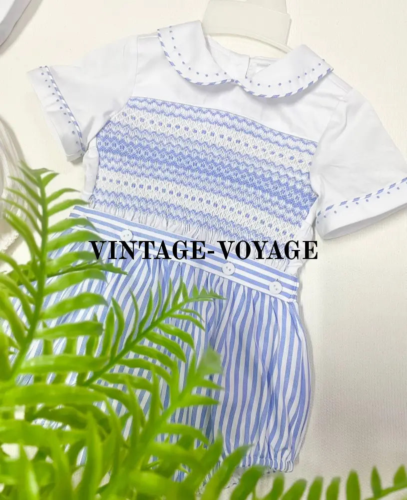 PRE-ORDER & GET NEXT WEEK!NEW! JACOB BLUE STRIPE ☀️HAND-SMOCKED ROMPER SUIT🧵🪡 Baby & Toddler Outfits