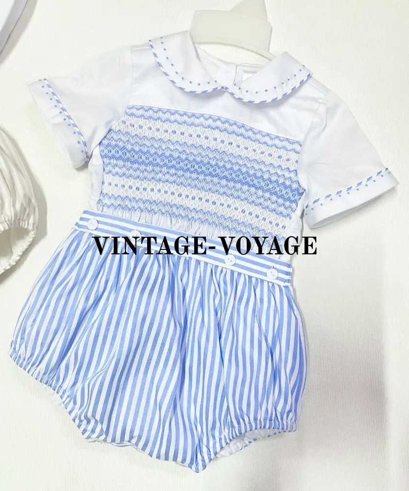 PRE-ORDER & GET NEXT WEEK!NEW! JACOB BLUE STRIPE ☀️HAND-SMOCKED ROMPER SUIT🧵🪡 NB-1M Baby & Toddler Outfits