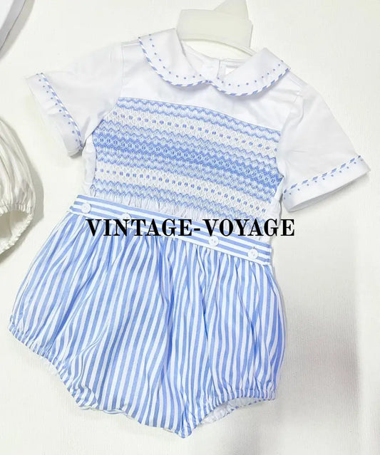PRE-ORDER & GET NEXT WEEK!NEW! JACOB BLUE STRIPE ☀️HAND-SMOCKED ROMPER SUIT🧵🪡 NB-1M Baby & Toddler Outfits