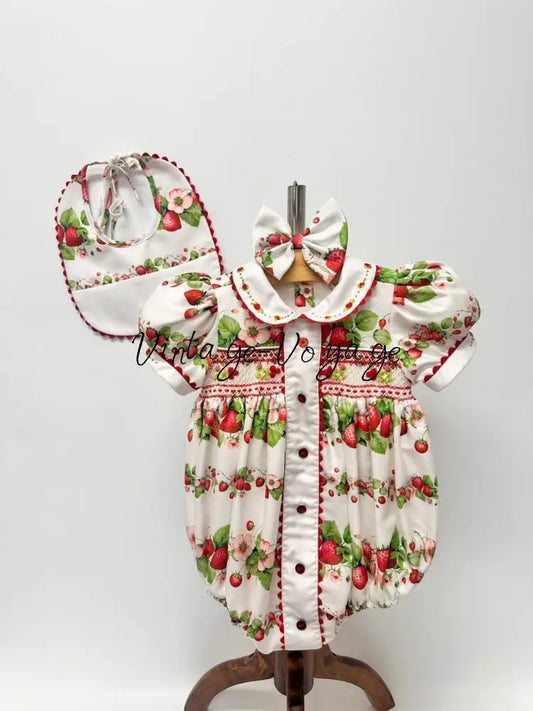JUICY 🍓CUSTOM PRINT HAND-SMOCKED 🧵🪡ROMPER BIB & HAIR BOWS OR HEADBAND 🎀🎀 NB-1M Baby & Toddler Outfits