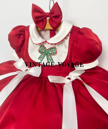 PRE-ORDER‼️NEW🎄LUXURY SILK/SATIN RED♥️HOLLY DRESS & BOWS OR HEADBAND🎀 Baby & Toddler Dresses
