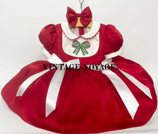 PRE-ORDER‼️NEW🎄LUXURY SILK/SATIN RED♥️HOLLY DRESS & BOWS OR HEADBAND🎀 Baby & Toddler Dresses