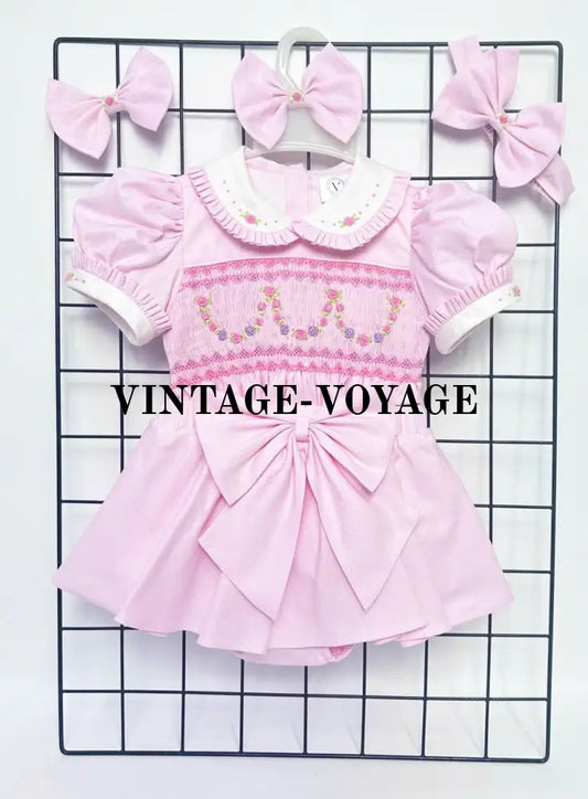 PRE-ORDER‼️NEW SEASON🍁MARIETTA PINK🩷HAND-SMOCKED🧵🪡SKIRT SET AND HAIR BOWS OR HEADBAND 🎀🎀 3M Baby & Toddler Outfits