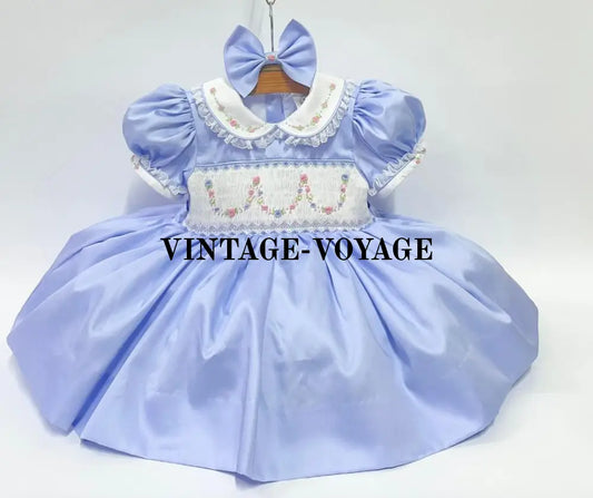 PRE-ORDER&GET NEXT WEEK‼️NEW😍 MARY 🎄HAND-SMOCKED🧵🪡BLUE DRESS & HAIR BOWS🎀🎀 6M Baby & Toddler Dresses