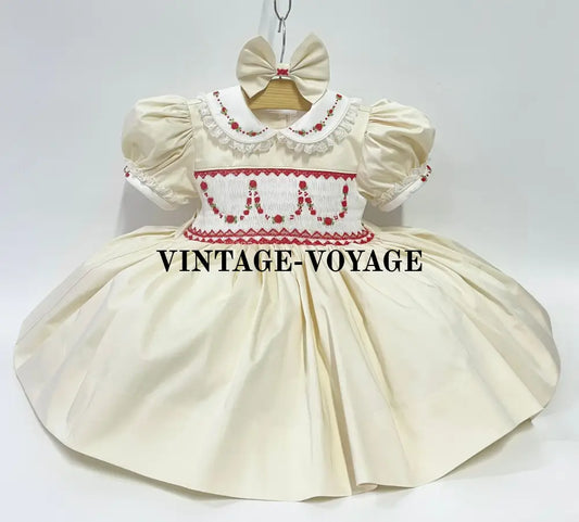 PRE-ORDER&GET NEXT WEEK‼️NEW😍 MARY 🎄HAND-SMOCKED🧵🪡CREAM DRESS & HAIR BOWS🎀🎀 6M Baby & Toddler Dresses
