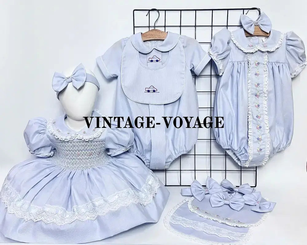 PRE-ORDER&GET NEXT WEEK! NEW SEASON! MELODY PALE BLUE HAND-EMBROIDERED 🧵🪡ROMPER BIB & HAIR BOWS OR HEADBAND 🎀🎀 Baby &