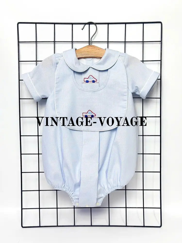PRE-ORDER! NEW! MICHAEL BABY BOYS PALE BLUE HAND-EMBROIDERED ROMPER & BIB SET 3M Baby & Toddler Outfits