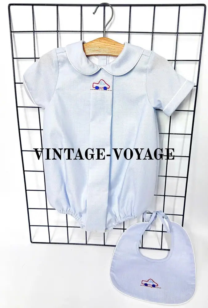 PRE-ORDER! NEW! MICHAEL BABY BOYS PALE BLUE HAND-EMBROIDERED ROMPER & BIB SET NB-1M Baby & Toddler Outfits
