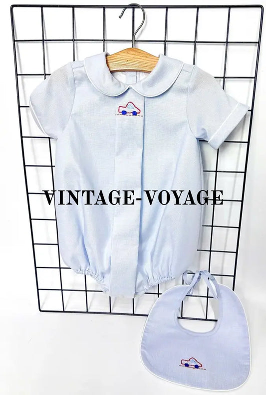 PRE-ORDER! NEW! MICHAEL BABY BOYS PALE BLUE HAND-EMBROIDERED ROMPER & BIB SET NB-1M Baby & Toddler Outfits