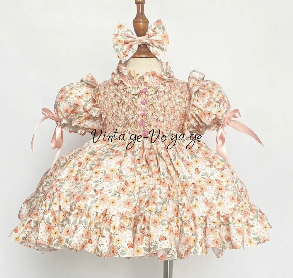 NEW☀️ANNABELLE PEACH FLORAL⚜️HAND-SMOCKED DRESS,🧵🪡KNICKERS & HAIR BOWS🎀 3M Baby & Toddler Dresses