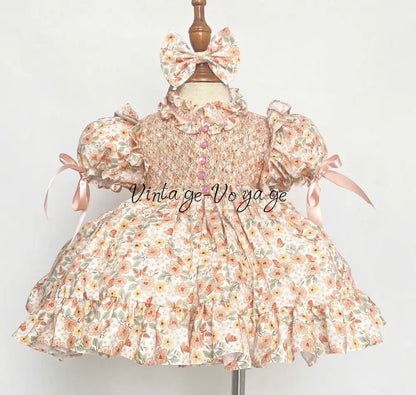 NEW☀️ANNABELLE PEACH FLORAL⚜️HAND-SMOCKED DRESS,🧵🪡KNICKERS & HAIR BOWS🎀 3M Baby & Toddler Dresses