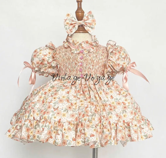NEW☀️ANNABELLE PEACH FLORAL⚜️HAND-SMOCKED DRESS,🧵🪡KNICKERS & HAIR BOWS🎀 3M Baby & Toddler Dresses