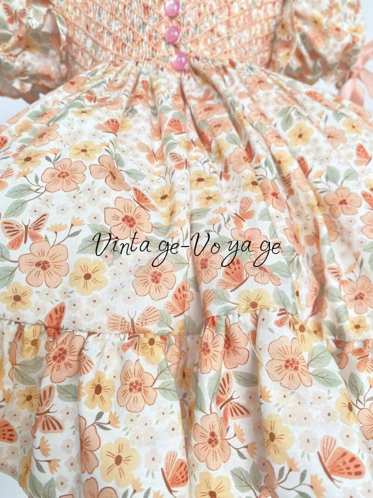 NEW☀️ANNABELLE PEACH FLORAL⚜️HAND-SMOCKED DRESS,🧵🪡KNICKERS & HAIR BOWS🎀 Baby & Toddler Dresses