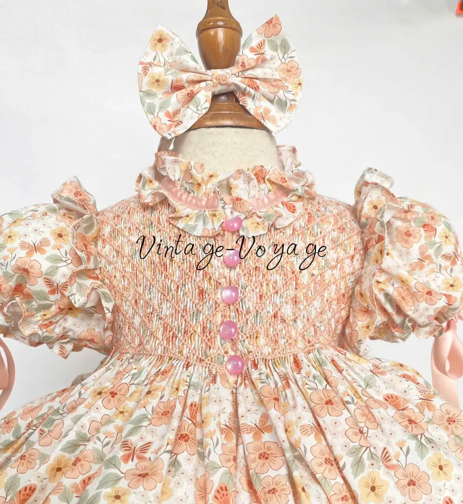NEW☀️ANNABELLE PEACH FLORAL⚜️HAND-SMOCKED DRESS,🧵🪡KNICKERS & HAIR BOWS🎀 Baby & Toddler Dresses